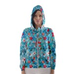 Snowy Winter Foliage, Adoxali, Christmas, Berry, Blue Women s Hooded Windbreaker