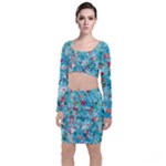 Snowy Winter Foliage, Adoxali, Christmas, Berry, Blue Long Sleeve Crop Top & Bodycon Skirt Set