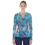 Snowy Winter Foliage, Adoxali, Christmas, Berry, Blue V-Neck Long Sleeve Top