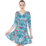 Snowy Winter Foliage, Adoxali, Christmas, Berry, Blue Quarter Sleeve Front Wrap Dress