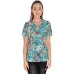 Snowy Winter Foliage, Adoxali, Christmas, Berry, Blue Women s V-Neck Scrub Top