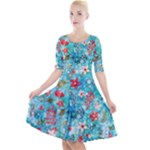 Snowy Winter Foliage, Adoxali, Christmas, Berry, Blue Quarter Sleeve A-Line Dress With Pockets