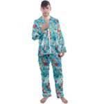 Snowy Winter Foliage, Adoxali, Christmas, Berry, Blue Men s Long Sleeve Satin Pajamas Set