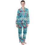 Snowy Winter Foliage, Adoxali, Christmas, Berry, Blue Women s Long Sleeve Satin Pajamas Set	