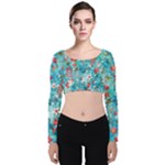 Snowy Winter Foliage, Adoxali, Christmas, Berry, Blue Velvet Long Sleeve Crop Top