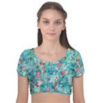 Snowy Winter Foliage, Adoxali, Christmas, Berry, Blue Velvet Short Sleeve Crop Top 