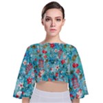 Snowy Winter Foliage, Adoxali, Christmas, Berry, Blue Tie Back Butterfly Sleeve Chiffon Top