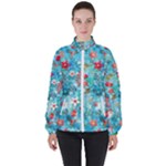 Snowy Winter Foliage, Adoxali, Christmas, Berry, Blue Women s High Neck Windbreaker