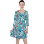 Snowy Winter Foliage, Adoxali, Christmas, Berry, Blue Quarter Sleeve Ruffle Waist Dress