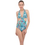 Snowy Winter Foliage, Adoxali, Christmas, Berry, Blue Halter Front Plunge Swimsuit