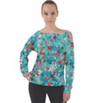 Snowy Winter Foliage, Adoxali, Christmas, Berry, Blue Off Shoulder Long Sleeve Velour Top