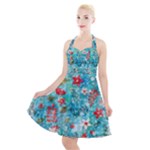 Snowy Winter Foliage, Adoxali, Christmas, Berry, Blue Halter Party Swing Dress 