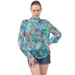 Snowy Winter Foliage, Adoxali, Christmas, Berry, Blue High Neck Long Sleeve Chiffon Top