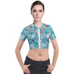 Snowy Winter Foliage, Adoxali, Christmas, Berry, Blue Short Sleeve Cropped Jacket