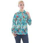 Snowy Winter Foliage, Adoxali, Christmas, Berry, Blue Women s Long Sleeve Pocket Shirt