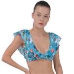 Snowy Winter Foliage, Adoxali, Christmas, Berry, Blue Plunge Frill Sleeve Bikini Top