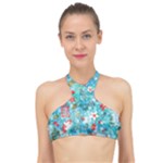 Snowy Winter Foliage, Adoxali, Christmas, Berry, Blue High Neck Bikini Top