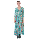 Snowy Winter Foliage, Adoxali, Christmas, Berry, Blue Button Up Maxi Dress