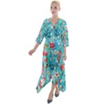 Snowy Winter Foliage, Adoxali, Christmas, Berry, Blue Quarter Sleeve Wrap Front Maxi Dress