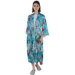 Snowy Winter Foliage, Adoxali, Christmas, Berry, Blue Maxi Satin Kimono