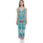 Snowy Winter Foliage, Adoxali, Christmas, Berry, Blue V-Neck Camisole Jumpsuit