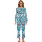 Snowy Winter Foliage, Adoxali, Christmas, Berry, Blue Womens  Long Sleeve Lightweight Pajamas Set