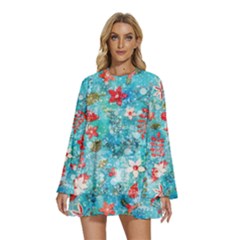 Round Neck Long Sleeve Bohemian Style Chiffon Mini Dress 