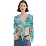 Snowy Winter Foliage, Adoxali, Christmas, Berry, Blue Trumpet Sleeve Cropped Top