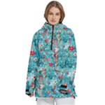 Snowy Winter Foliage, Adoxali, Christmas, Berry, Blue Women s Pullover Zip Ski and Snowboard Waterproof Breathable Jacket