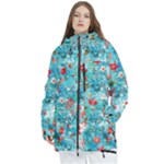 Snowy Winter Foliage, Adoxali, Christmas, Berry, Blue Women s Multi Pockets Zip Ski and Snowboard Waterproof Breathable Jacket