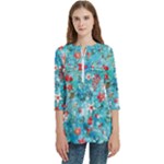 Snowy Winter Foliage, Adoxali, Christmas, Berry, Blue Women s Zip Front V-Neck 3/4 Sleeve Casual Top Pocket Shirt