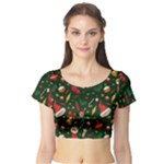 Texture, Pattern, Red, Craciun, Christmas, Hat, Santa, Green Short Sleeve Crop Top