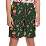 Texture, Pattern, Red, Craciun, Christmas, Hat, Santa, Green Kids  Basketball Shorts