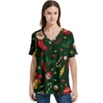 Texture, Pattern, Red, Craciun, Christmas, Hat, Santa, Green V-Neck Split Shoulder Casual T-Shirt