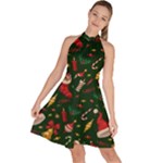 Texture, Pattern, Red, Craciun, Christmas, Hat, Santa, Green Sleeveless Halter Neck A-Line Dress