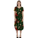 Texture, Pattern, Red, Craciun, Christmas, Hat, Santa, Green T-Shirt Midi Dress With Pockets