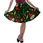 Texture, Pattern, Red, Craciun, Christmas, Hat, Santa, Green A-line Skater Skirt