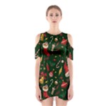 Texture, Pattern, Red, Craciun, Christmas, Hat, Santa, Green Shoulder Cutout One Piece Dress