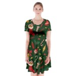 Texture, Pattern, Red, Craciun, Christmas, Hat, Santa, Green Short Sleeve V-neck Flare Dress