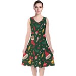 Texture, Pattern, Red, Craciun, Christmas, Hat, Santa, Green V-Neck Midi Sleeveless Dress 