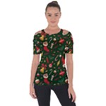 Texture, Pattern, Red, Craciun, Christmas, Hat, Santa, Green Shoulder Cut Out Short Sleeve Top