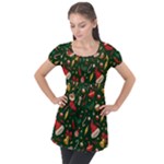 Texture, Pattern, Red, Craciun, Christmas, Hat, Santa, Green Puff Sleeve Tunic Top