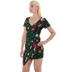 Texture, Pattern, Red, Craciun, Christmas, Hat, Santa, Green Short Sleeve Asymmetric Mini Dress