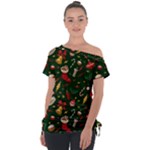 Texture, Pattern, Red, Craciun, Christmas, Hat, Santa, Green Off Shoulder Tie-Up T-Shirt