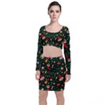 Texture, Pattern, Red, Craciun, Christmas, Hat, Santa, Green Long Sleeve Crop Top & Bodycon Skirt Set