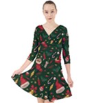 Texture, Pattern, Red, Craciun, Christmas, Hat, Santa, Green Quarter Sleeve Front Wrap Dress