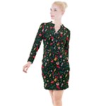 Texture, Pattern, Red, Craciun, Christmas, Hat, Santa, Green Button Long Sleeve Dress