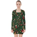 Texture, Pattern, Red, Craciun, Christmas, Hat, Santa, Green V-neck Bodycon Long Sleeve Dress