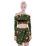 Texture, Pattern, Red, Craciun, Christmas, Hat, Santa, Green Off Shoulder Top with Mini Skirt Set