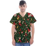 Texture, Pattern, Red, Craciun, Christmas, Hat, Santa, Green Men s V-Neck Scrub Top